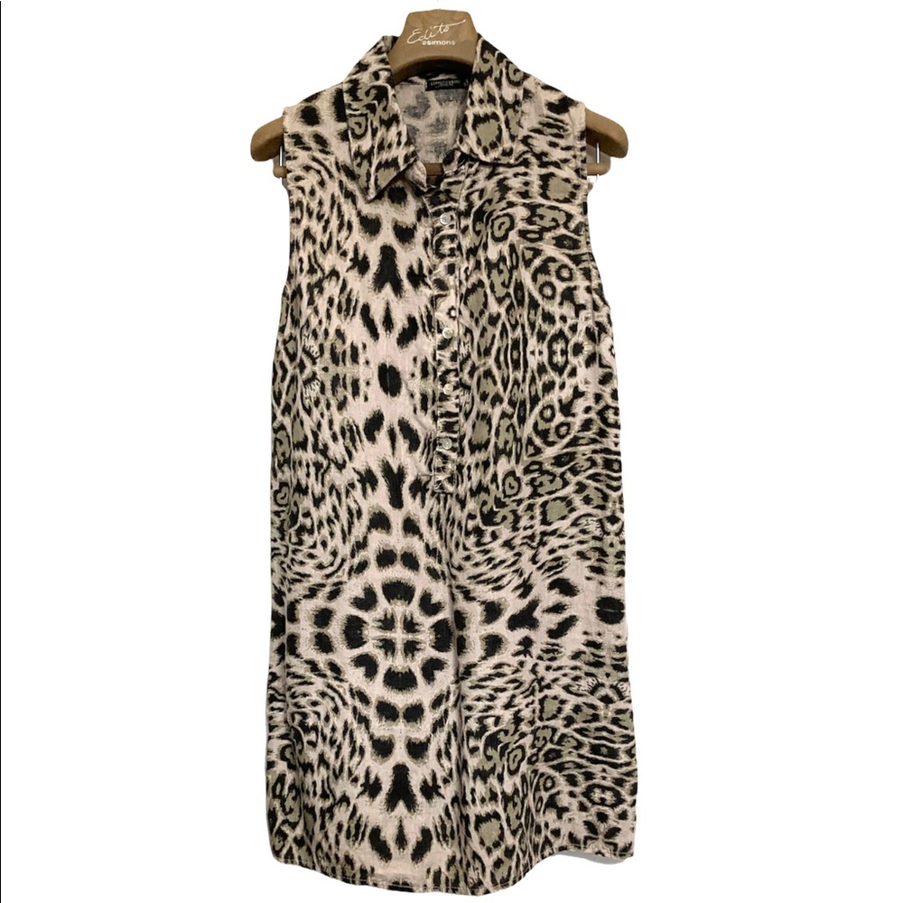 🔥SM•LUNGO L’ARNO•100% LINEN MADE IN ITALY LEOPARD PRINT COLLARED MIDI DRESS🔥